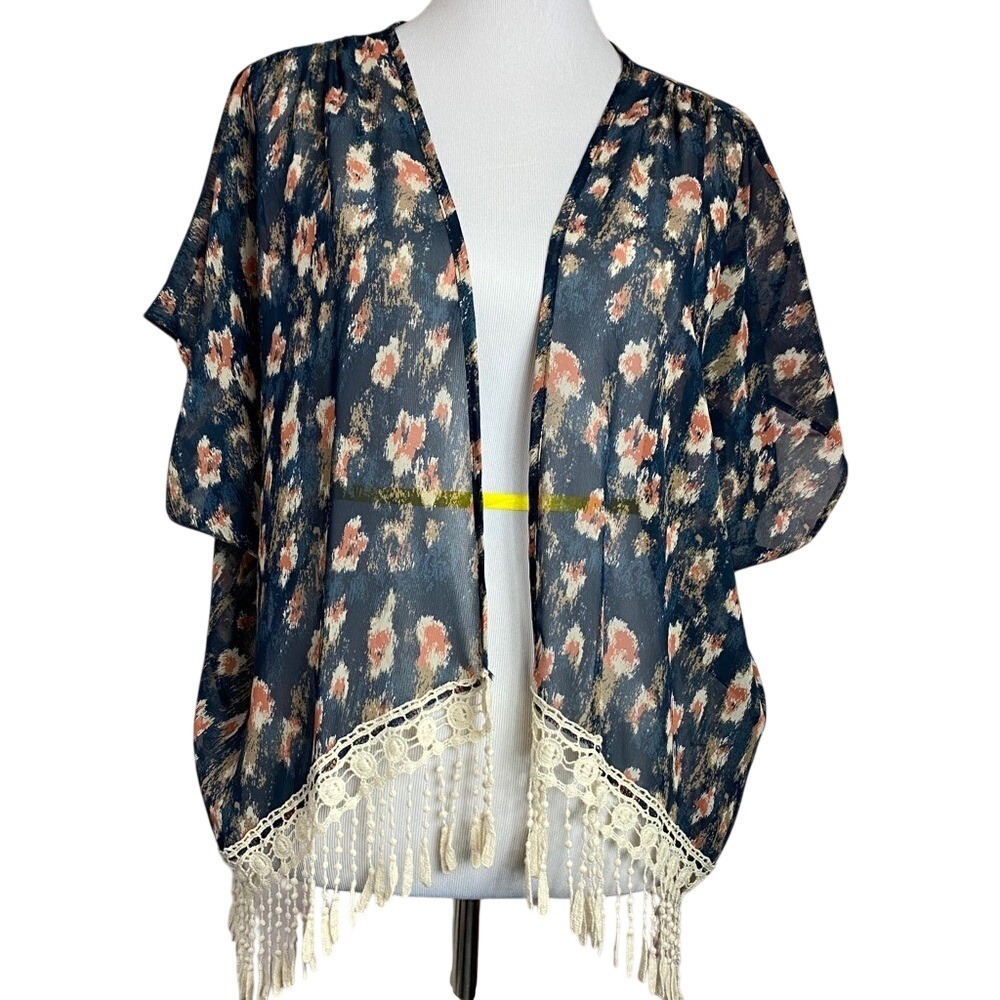 Daisies‎ Women Navy Peach Abstract Print Chiffon Kimono Crochet Lace Fringe S